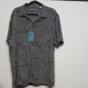 Caribbean Men Gray Black Leaf Pattern Shortsleeves Shirt Size XL NWT